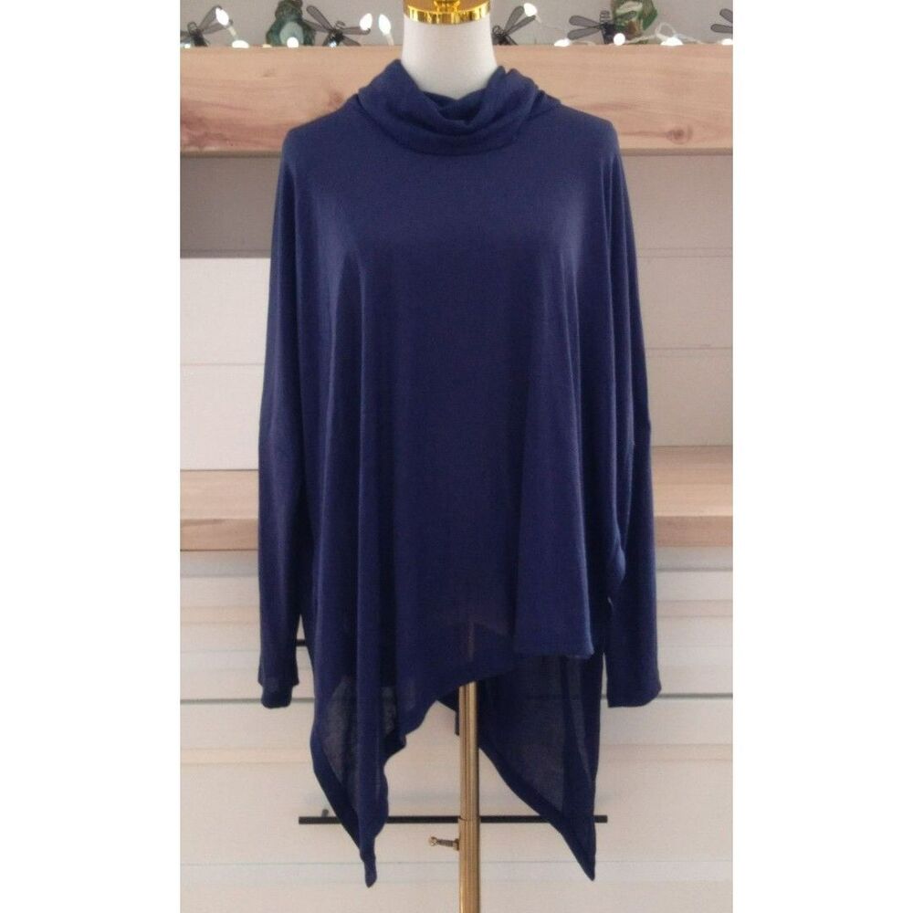NWT Jane Austin Navy Blue Asymmetrical Tunic Top Cowl Neck Long Sleeve Flowy